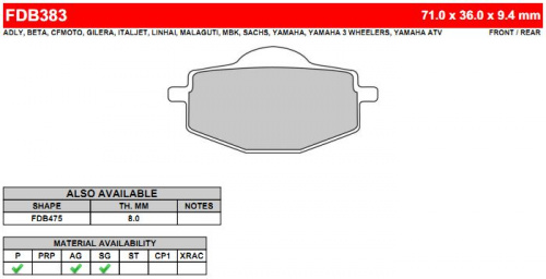 фото Колодки тормозные Ferodo FDB383 P FDB 383 P BREMBO	7039
BREMBO	07YA14
BREMBO	07YA1407
BREMBO	07YA14SD
BREMBO	07YA14SX
BREMBO	07.YA14.07
BREMBO	07.YA14.SD
BREMBO	07.YA14.SX
CARBONE L.	2284
CL BRAKES	3008
DUNLOPAD	DP 406
EBC	FA101
EBC	FA 101
GALFER	FD 079
LUCAS	MCB 539/539LF
LUCAS/TRW	MCB539
NEWFREN	FD0124
NISSIN	2P-229
PREMIER	P31
SBS	575
SEMC	YA 14
VESRAH	VD 239
VESRAH	VD-239,  , OEM Yamaha	34X-W0046-01
OEM Yamaha	34X-W0046-02
OEM Yamaha	3BN-W0045-01
OEM Yamaha	3XP-W0046-00
OEM Yamaha	4S5-W0045-00, 