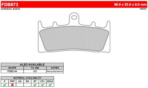 фото Колодки тормозные Ferodo FDB873 ST FDB 873 ST BREMBO	07SU19
BREMBO	07SU1907
BREMBO	07.SU19.07
CARBONE L.	2255
DUNLOPAD	DP 216
EBC	FA188
EBC	FA 188
GALFER	FD156
GALFER	FD 156
GOODRIDGE	G122ST
LUCAS	MCB 659
LUCAS/TRW	MCB659
NEWFREN	FD0199
NISSIN	2P-248
SBS	686
SEMC	SU 19
VESRAH	VD 349
VESRAH	VD-349,  , OEM Kawasaki	43082-1179
OEM Kawasaki	43082-1199
OEM Kawasaki	43082-1224
OEM Kawasaki	43082-1227
OEM Kawasaki	43082-1230
OEM Kawasaki	43082-1250
OEM Kawasaki	43082-1251
OEM Kawasaki	43082-1252
OEM Kawasaki	43082-1253
OEM Kawasaki	43082-1259
OEM Kawasaki	43082-1272
OEM Kawasaki	43082-1274
OEM Suzuki	59130-46E00
OEM Suzuki	59300-33890
OEM Suzuki	59300-46840
OEM Suzuki	59301-33870
OEM Suzuki	59301-33890, 
