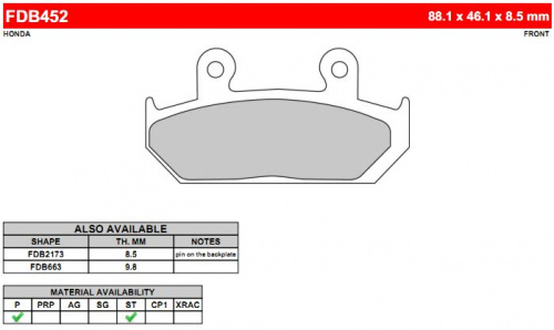 фото Колодки тормозные Ferodo FDB452 P FDB 452 P BREMBO	07YA17
BREMBO	07YA1711
BREMBO	07YA17SA
BREMBO	07YA17SP
BREMBO	07.YA17.11
BREMBO	07.YA17.SA
BREMBO	07.YA17.SP
CARBONE L.	2305
CL BRAKES	2311
DUNLOPAD	DP 409
EBC	FA123
EBC	FA 123
GALFER	FD 087
GOODRIDGE	G39ST
LUCAS	MCCCB 559
LUCAS/TRW	MCB559
NEWFREN	FD0104
NISSIN	2P-228
PREMIER	P39
SBS	590
VESRAH	VD 242
VESRAH	VD-242,  , OEM Yamaha	4KG-W0045-00
OEM Yamaha	4WM-W0046-00, 