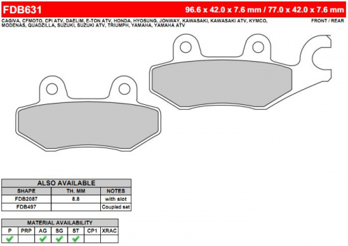 Колодки тормозные Ferodo FDB631 P FDB 631 P OEM Cagiva 8000 66785 <br>
OEM Honda 06455 KEB 901 <br>
OEM Honda 06455 KEB 900 <br>
OEM Kawasaki 43082 0081 <br>
OEM Suzuki 59100 05820 <br>
OEM Suzuki 69100 31820 <br>
OEM Triumph T2020555 <br>
OEM Triumph T2020560 <br>
OEM Triumph 2020071T0301 <br>
OEM Yamaha 3LD W0045 10 <br>
OEM Yamaha 3LD W0046 01, фото Колодки тормозные Ferodo FDB631 P FDB 631 P BRAKING 725 <br>
BREMBO 7071 <br>
BREMBO 07YA20 <br>
BREMBO 07YA22 <br>
BRENTA 3064 <br>
BRENTA 4064 <br>
CL BRAKES 3036 <br>
CL BRAKES 3086 <br>
CL BRAKES 2326 <br>
COBREQ N-940 <br>
EBC FA165 <br>
FRAS-LE PD/861 <br>
GALFER FD117 <br>
GOLD FREN 009 <br>
GOLD FREN 088 <br>
LUCAS/TRW MCB615 <br>
NEWFREN FD0163 <br>
SBS 638 <br>
SBS 688 <br>
SBS 134 <br>
SBS 633 <br>
VESRAH VD-250, , OEM Cagiva 8000 66785 <br>
OEM Honda 06455 KEB 901 <br>
OEM Honda 06455 KEB 900 <br>
OEM Kawasaki 43082 0081 <br>
OEM Suzuki 59100 05820 <br>
OEM Suzuki 69100 31820 <br>
OEM Triumph T2020555 <br>
OEM Triumph T2020560 <br>
OEM Triumph 2020071T0301 <br>
OEM Yamaha 3LD W0045 10 <br>
OEM Yamaha 3LD W0046 01,