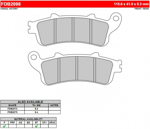 фото Колодки тормозные Ferodo FDB2098 ST FDB 2098 ST BREMBO	07HO42  <br>
BREMBO	07HO4206 <br>
CL BRAKES	2602 <br>
EBC 	FA261  <br>
EBC	 FA261HH <br>
GALFER	FD207 <br>
GALFER	FD 205  <br>
LUCAS/TRW	MCB704 <br>
NEWFREN	FD0254 <br>
NEWFREN	.FD.0254 <br>
SBS	721 <br>
SBS	722 <br>
SBS	735 <br>
SBS	736 <br>
VESRAH	VD 165/2,  , OEM Honda	06455 MFA D12   <br>
OEM Honda	06435 MAT 006  <br>
OEM Honda	06435 MAT 016 <br>
OEM Honda	06435 MBL D00 <br>
OEM Honda	06435 MBL D01 <br>
OEM Honda	06435 MBL D02 <br>
OEM Honda	06435 MCA 006 <br>
OEM Honda	06435 MCH 006 <br>
OEM Honda	06455 MAT E21 <br>
OEM Honda	06455 MAT E22 <br>
OEM Honda	06455 MBG 006 <br>
OEM Honda	06455 MBT 611 <br>
OEM Honda	06455 MBT 612 <br>
OEM Honda	06455 MEA 671 <br>
OEM Honda	06455 MEA 672 <br>
OEM Honda	06456 MCA 006 <br>
OEM Honda	06456 MCA 016 <br>
OEM Honda	06456 MCC 006, 