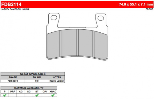 фото Колодки тормозные Ferodo FDB2114 ST FDB 2114 ST BREMBO	07HO45  <br>
BREMBO	07HO4507 <br>
CL BRAKES	2711 <br>
EBC	FA296 <br>
EBC	FA296HH <br>
GALFER	FD219 <br>
GALFER	FD 219 <br>
LUCAS	MCB73 <br>
LUCAS/TRW	MCB703 <br>
NEWFREN	FD0258 <br>
NEWFREN	.FD.0258 <br>
SBS	734 <br>
VESRAH	VD 166,  , OEM Harley	41300102, 