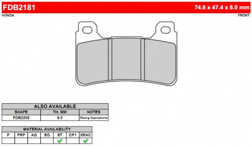 фото Колодки тормозные Ferodo FDB2181 ST FDB 2181 ST BREMBO	07HO50 <br>
BREMBO	07HO50RC <br>
BREMBO	07HO50SA <br>
BREMBO	07HO50SC <br>
CL BRAKES	1134 <br>
EBC	FA390 <br>
GALFER	FD326 <br>
GALFER	FD 326 <br>
LUCAS/TRW	MCB755 <br>
NEWFREN	FD0364 <br>
NEWFREN	.FD.0364 <br>
SBS	809 <br>
VESRAH	VD 170,  , OEM Honda	06455-MEL-D22 <br>
OEM Honda	06455MELD22, 